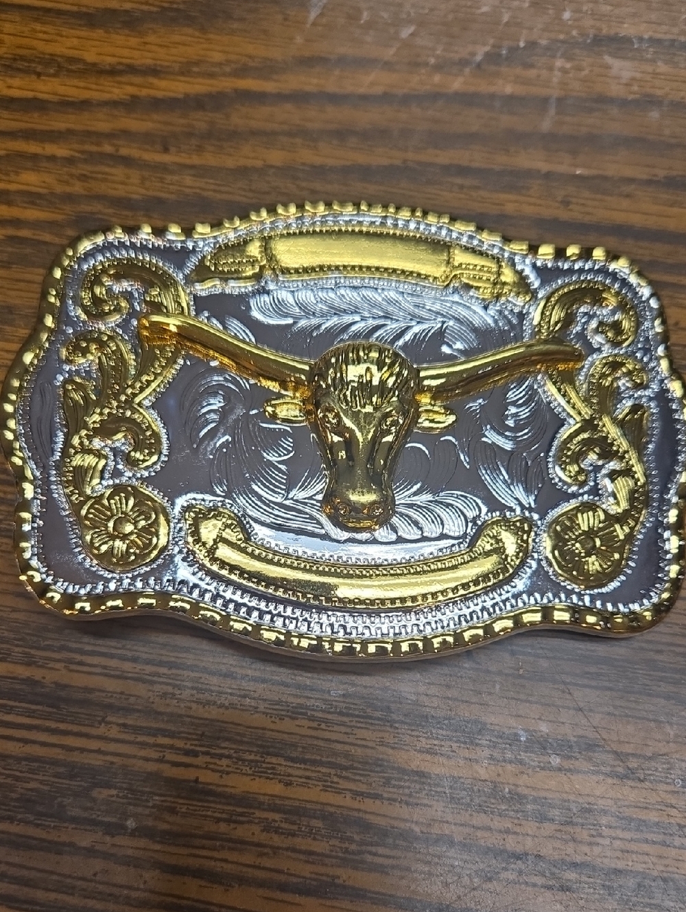 Gold and Silver Longhorn Western Belt Buckle